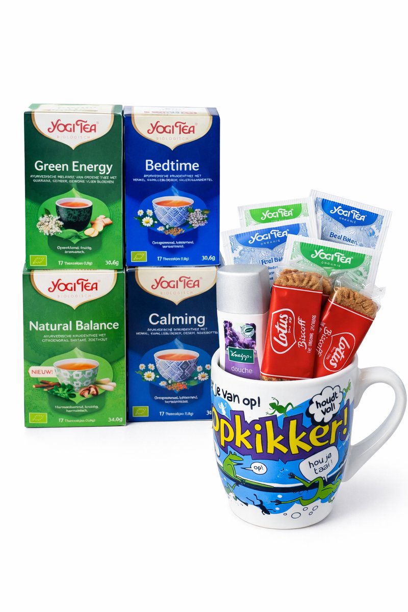Opkikker Mok met 4 Soorten Thee, Kalmerende Douchegel en Heerlijke Koekjes | Relax en Ontspan