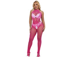 Subblime - 952389 Fishnet And Lace Crotchless Bodystocking With High Neck Pink One Size