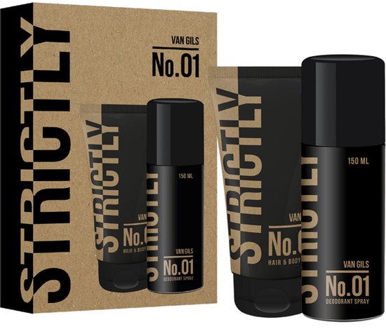 Doos met twee Van Gils No. 01 producten: een zwarte deodorant spray van 150 ml en een zwarte tube met "STRICTLY" erop.