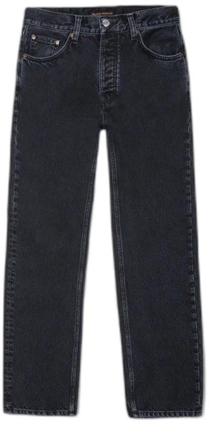 Donkere vintage zwarte Nudie Jeans met rechte pijpen, knoopsluiting en vijf zakken.
