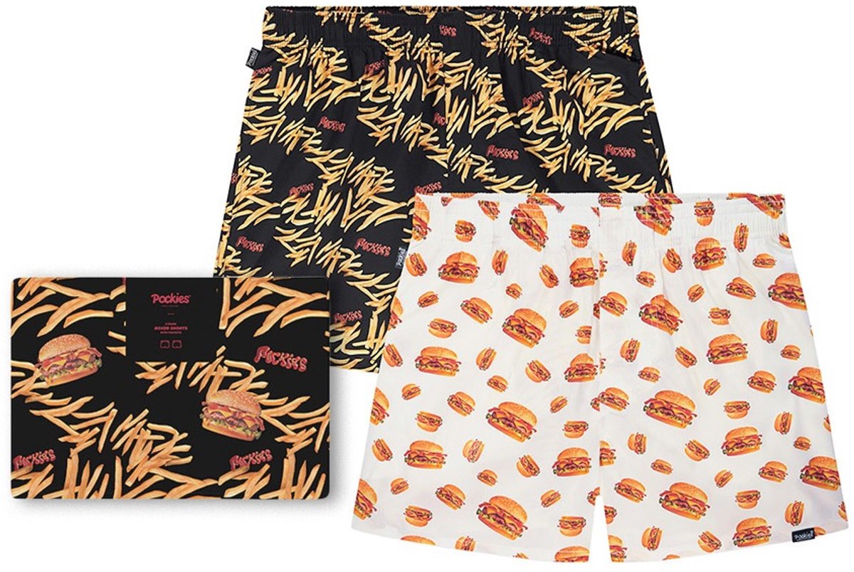 Pockies heren giftbox 2P wijde boxershorts burgers 'n fries zwart & wit