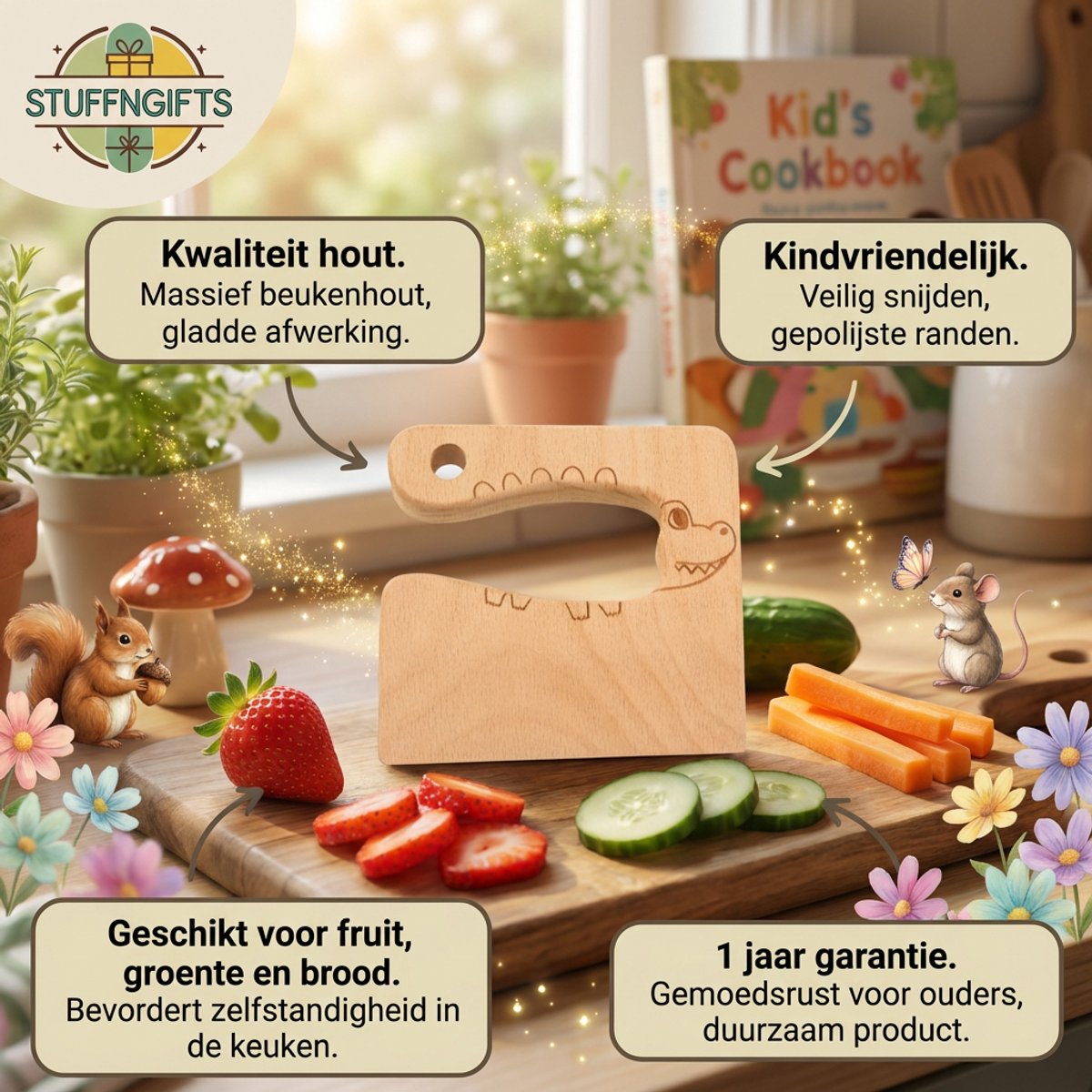 Montessori Houten Kindermes Krokodil editie - Kinder Koksmes - Peuter kok