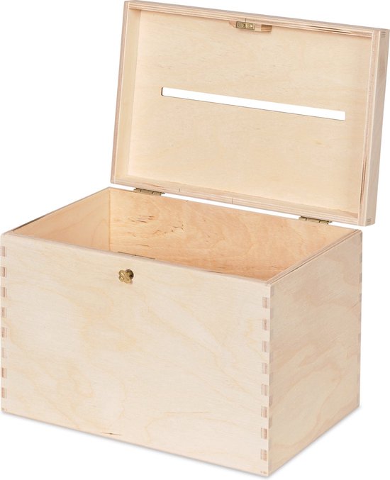 Open houten enveloppenkist met slot en gleuf, onbehandeld houtkleur.