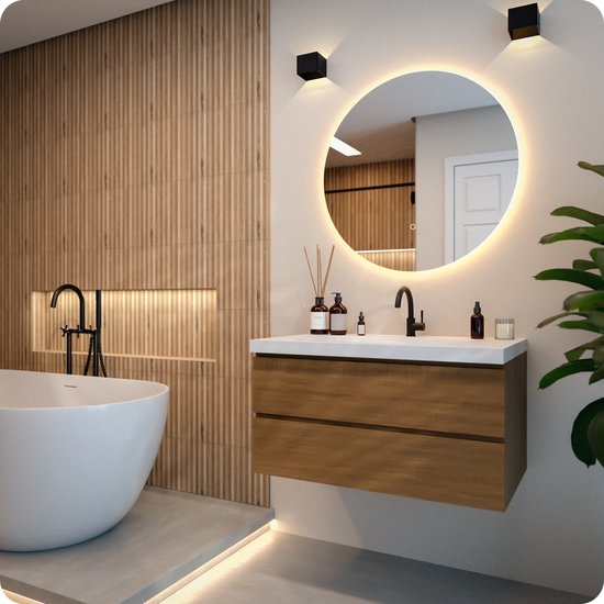 Mirlux Miroir de Salle de Bain avec Siècle des Lumières LED et Chauffage - Miroir Mural Rond - Miroir de Douche Anti Condensation - 80CM