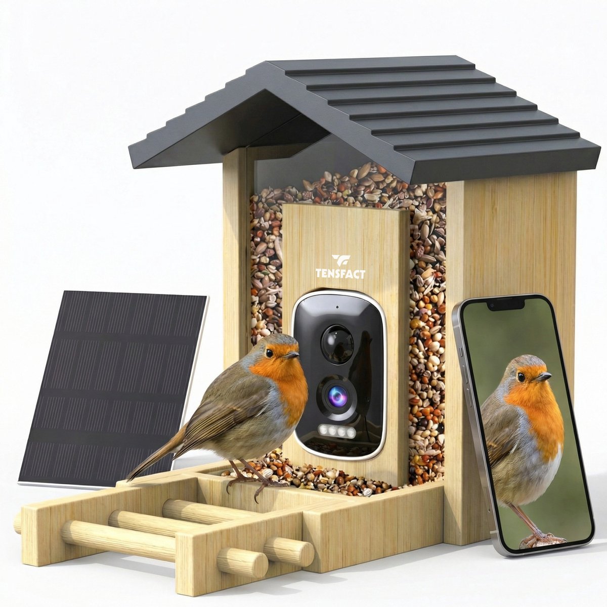 Tensfact Vogelvoederhuisje met Camera – Vogelhuisje met AI Vogelherkenning - Wildcamera - Wifi Camera Nachtzicht & Audio - Zonnepaneel - Duurzaam Bamboe Hout