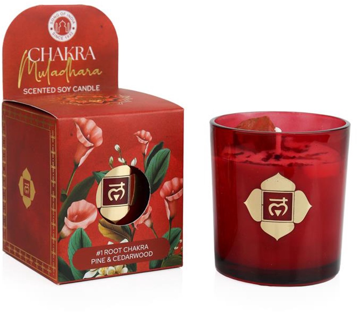 Phoenix Import Mani Bhadra Soja geurkaars Muladhara chakra den & cederhout – Ø7 cm x 8 cm rood