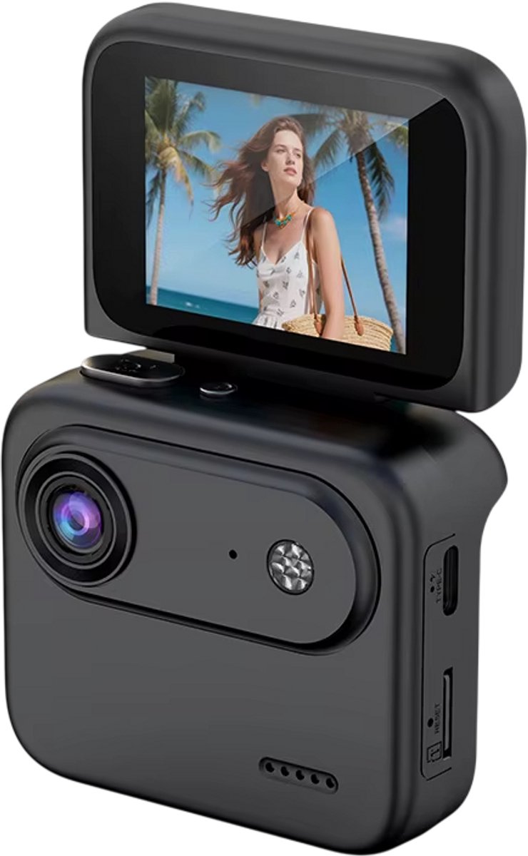 Mini 4K Sport Camera - Action Camera met Draaibaar Scherm – Vlog Camera met Beeldstabilisatie, Groothoek en Anti-Shake voor Reizen & Outdoor - Zwart
