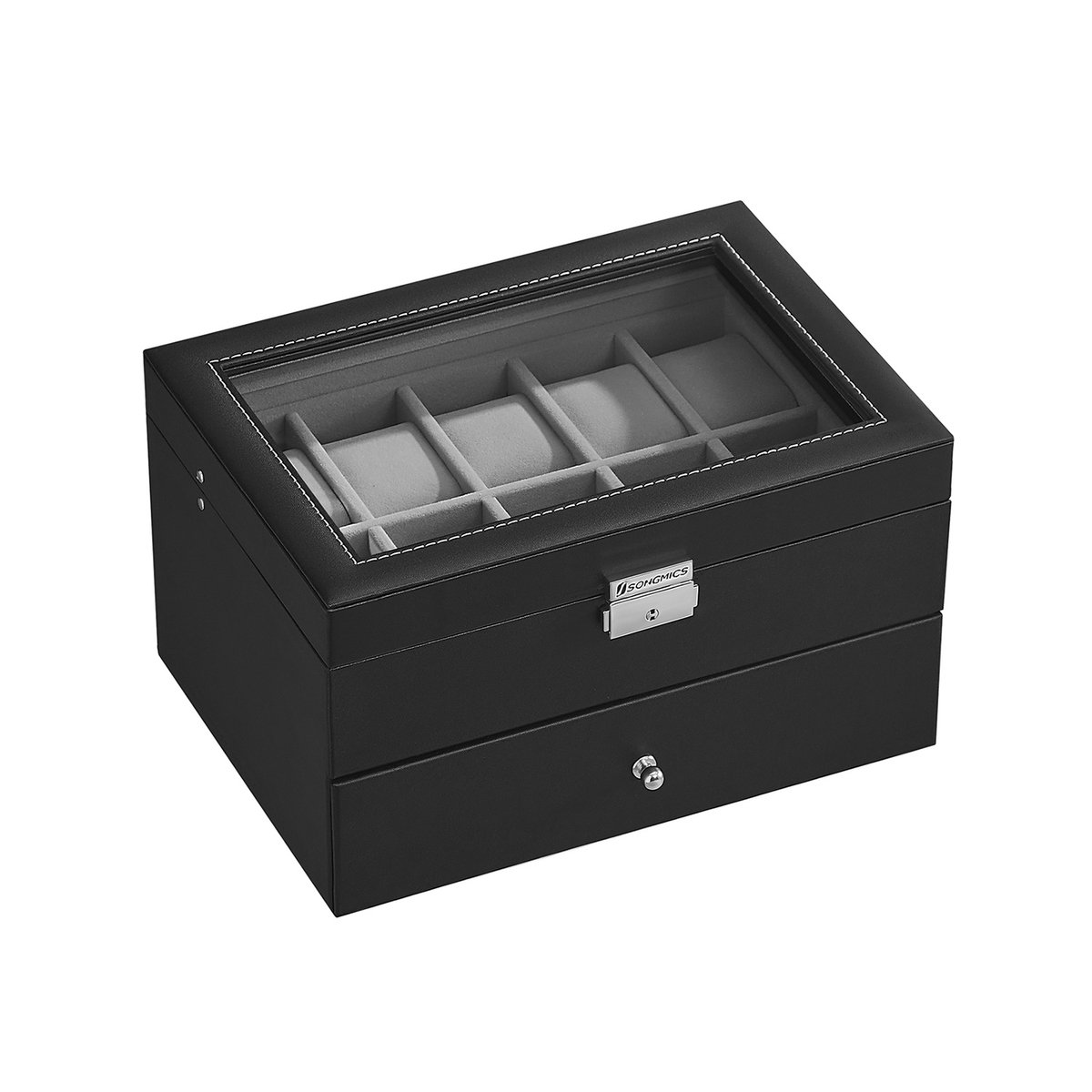 Horlogedoos - PU - Zwart - Grote opberg- en displaydoos met 24 vakken, glazen deksel en fluwelen voering