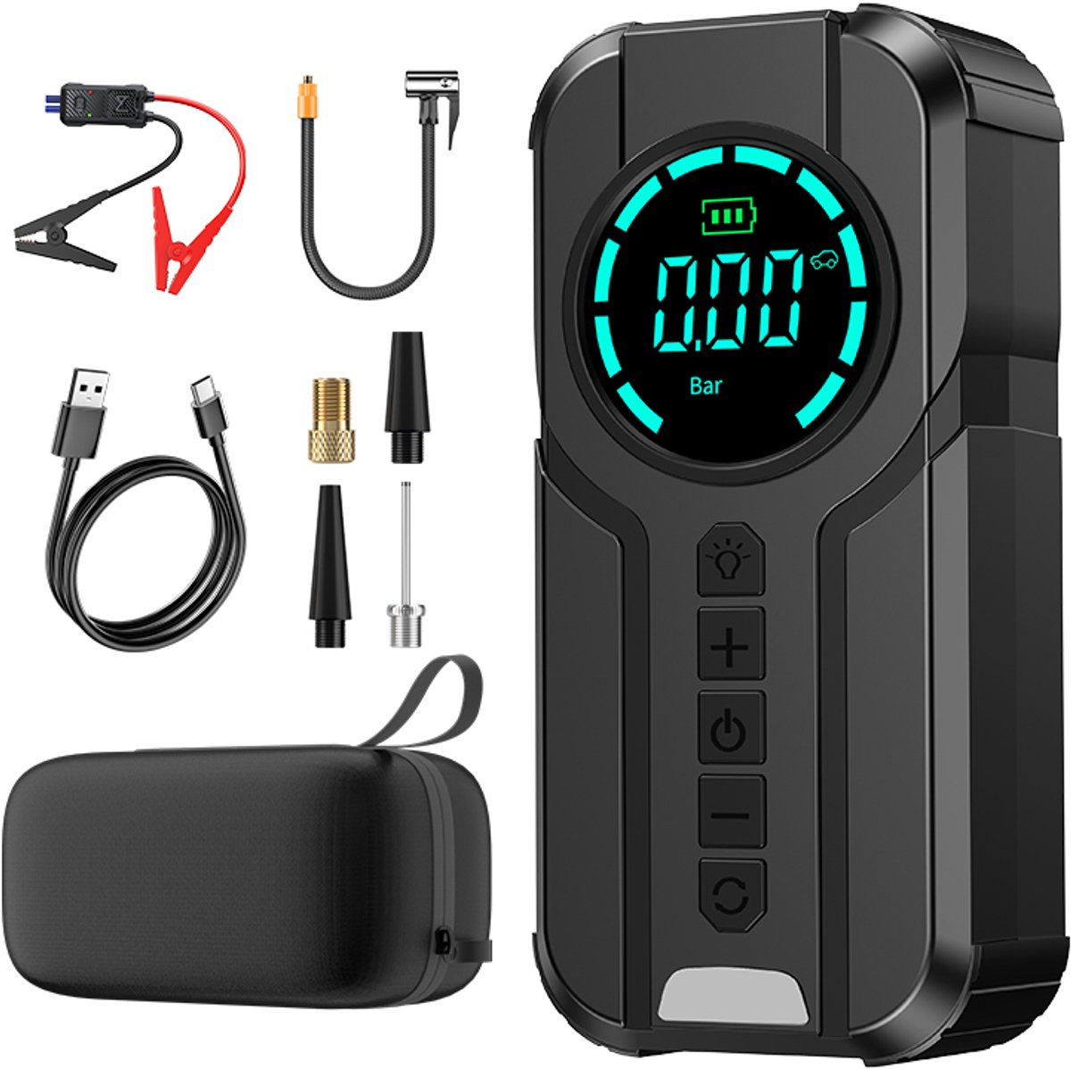 Auto Jumpstarter met Luchtcompressor – 6000mAh – Powerbank & Draadloze Bandenpomp – Digitale Display – Tot 150 PSI – Voor Auto, Motor & Fiets