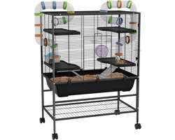 JAQZY Hamsterkooi - Met hamster speelgoed - Hamster huisje - Loopwiel, Waterbak, Buizen - 109 x 82 x 46cm, Op wielen - Zwart