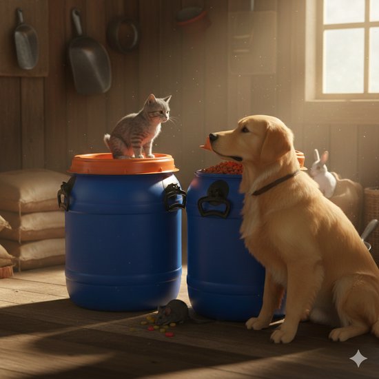 Een hond en een kitten kijken elkaar aan bovenop blauwe tonnen met oranje deksels.