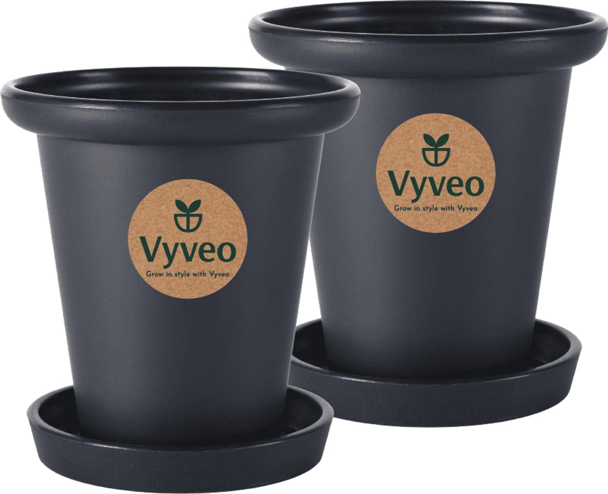 Vyveo - Bloempot Skara met onderzetter - Set van 2 - 20x19 - Zwart - Bloempot voor binnen en buiten - Lichtgewicht - Breukbestendig - Vorstbestendig - UV-bestendig