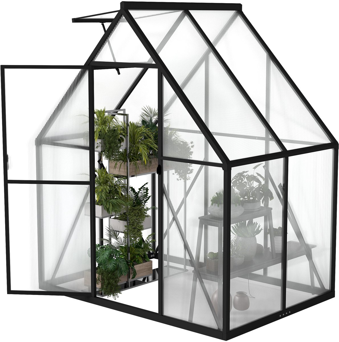Aufun Premium Aluminium Kas 2,25 m² 125x180x195cm – 6cm Fundering & 4mm PC-plaat – UV-bestendig Weerbestendig