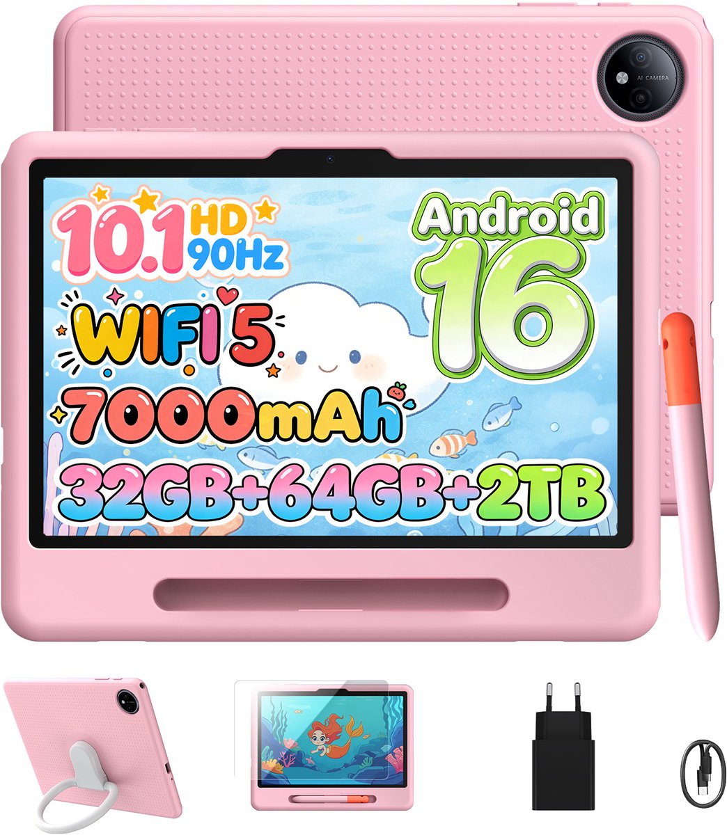 Aorlym P10 kindertablet – 32 GB RAM (6+26 GB) + 64 ROM - 10,1 inth HD 90 Hz - Android 16 - 7000 mAh - WiFi 5 - Face ID - Gmini AI - Inclusief kindvriendelijk hoesje - Styluspen - Blauwlichtfilterfilm