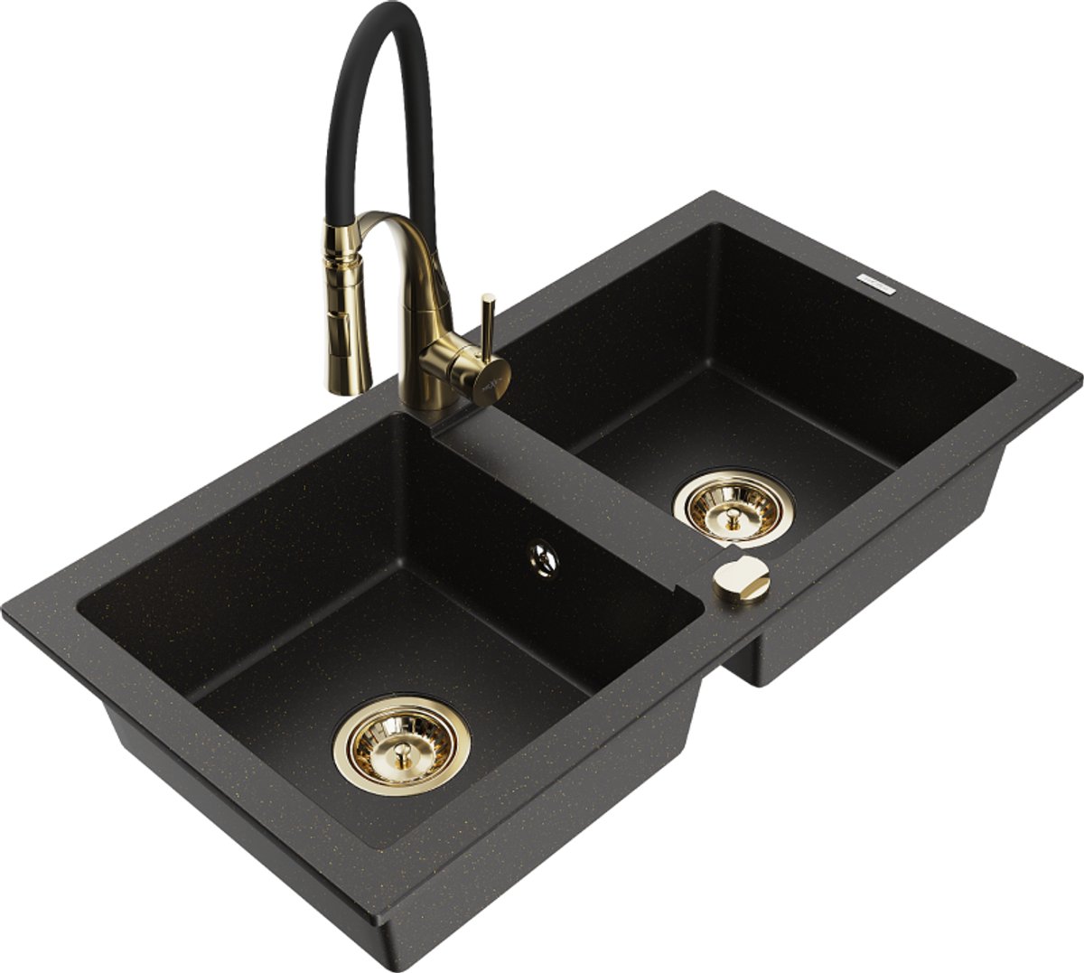 Mexen Mario granieten gootsteen met 2 kamers en keukenmengkraan Aster, zwart/goud metallic