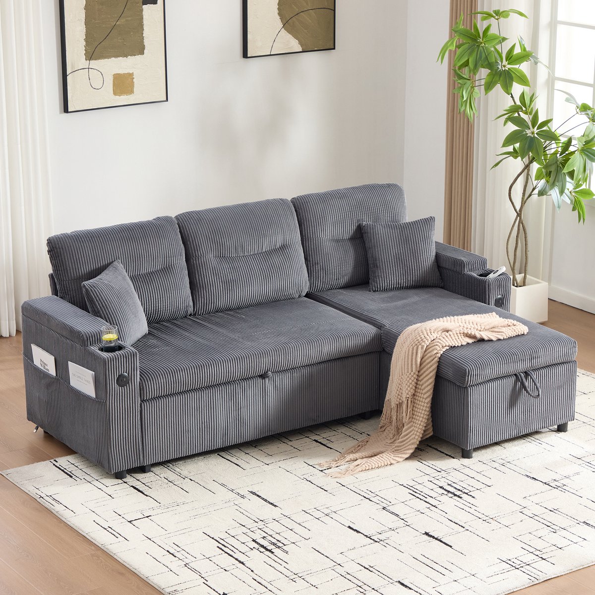 MIVRAY Slaapbank – 3-Zits Met Chaise Longue, Opbergruimte, Bekerhouders En Usb-C – Corduroy Carbongrijs Donkergrijs