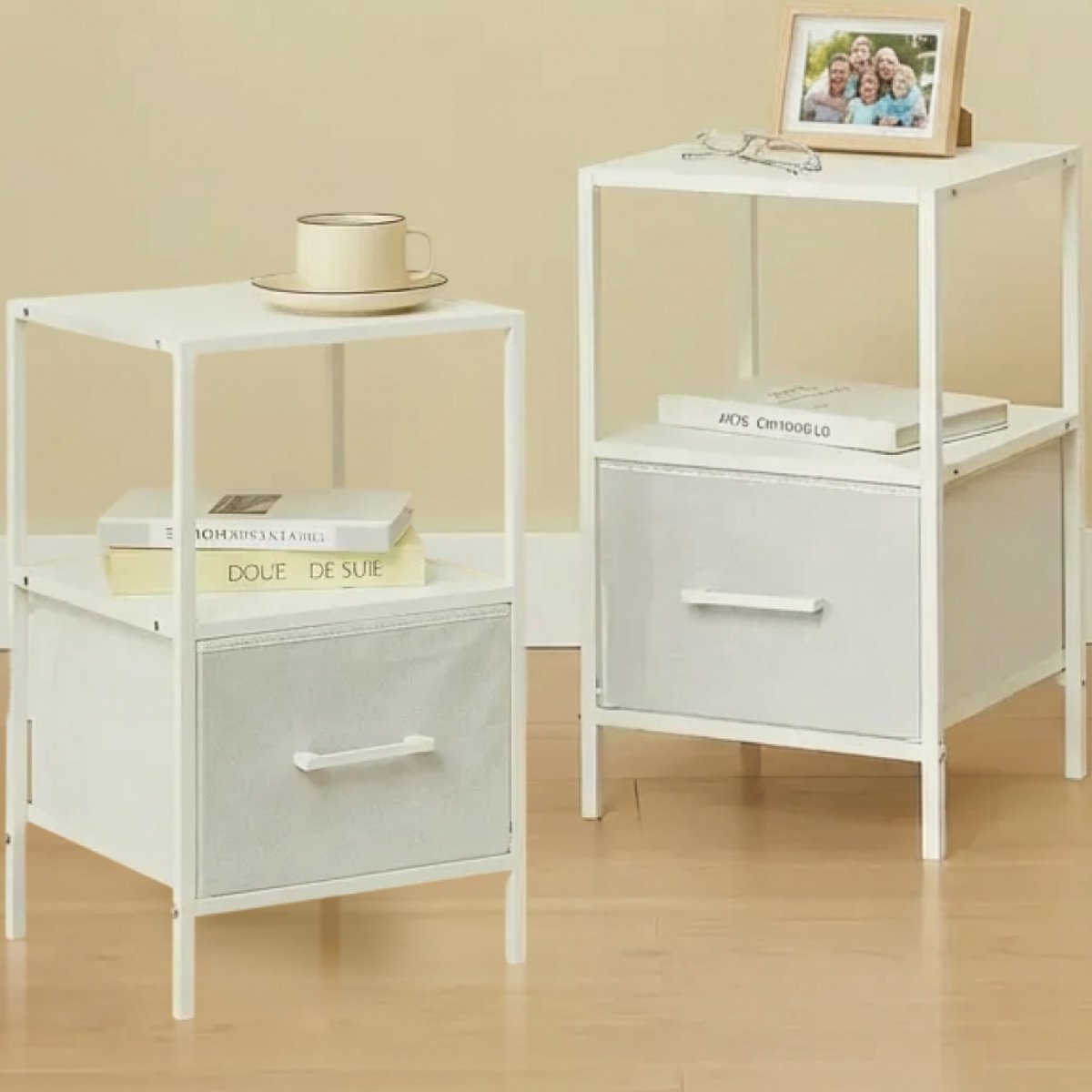 CASABEL Set van 2 witte nachtkastjes met lade, gemaakt van verstevigde stof, metaal en MDF, 30×30×50 cm, bijzettafel