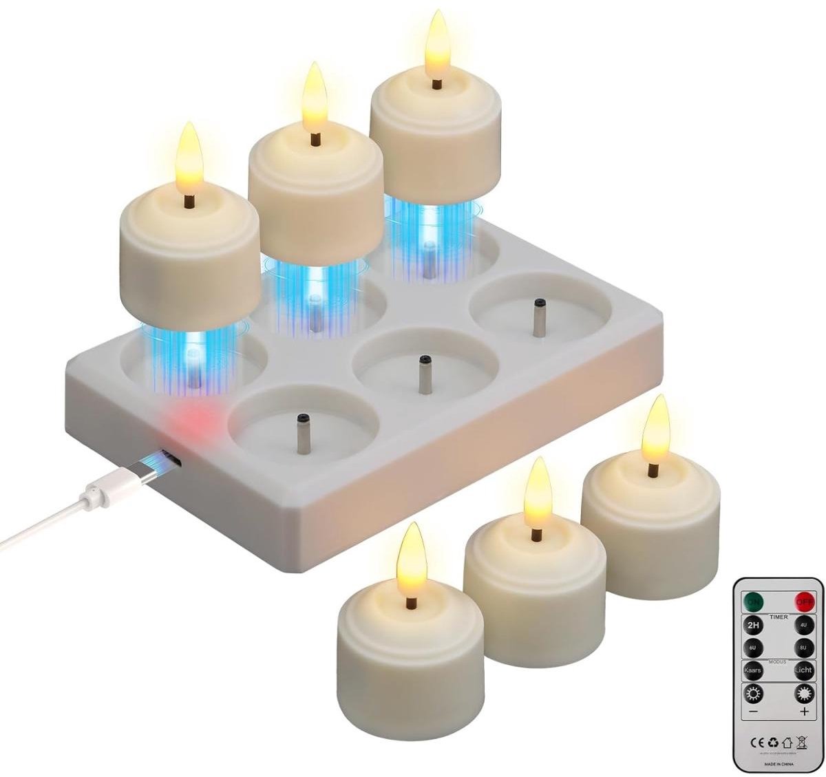 GELLDG 6 stuks oplaadbare theelichtjes - Met timer en oplaadstation - LED-theelichtjes - Sprankelende lichtjes - Geschikt voor kamer, woonkamer, Halloween, Kerstmis, bruiloft, tafeldecoratie