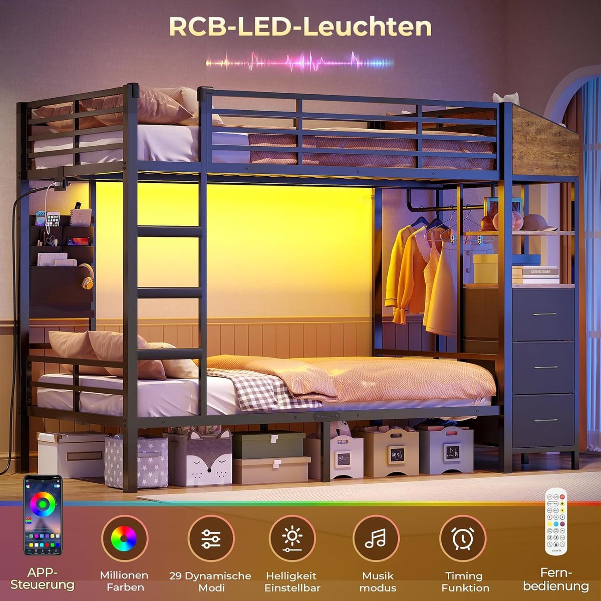 Hochbett 90x200 cm met LED & Laadstation – Kinder Hoogslaper met Trap, Rausfallschutz, Opbergruimte, Kledingrek & Stauraumlades – Metaal – Donkergrijs – Pauwhome