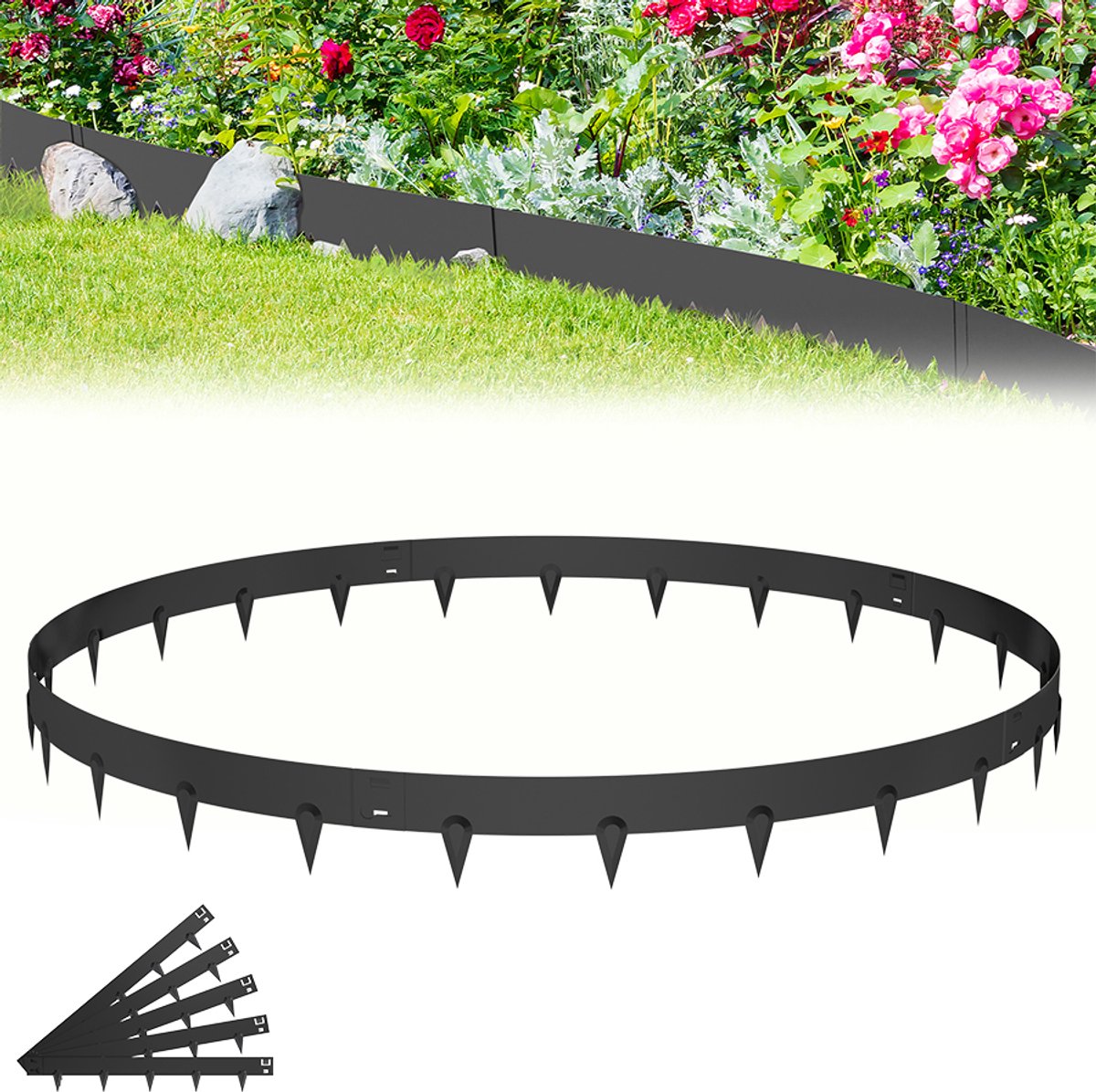 Aufun Gazonrandafwerking - 5-delig set - 106x16 cm per stuk - Totaal 5,3 m - Gegalvaniseerd metaal - Zwart - Voor tuin, park en boerderij