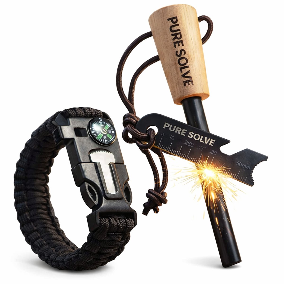 Vuurstarter Kit 5-in-1 – Vuursteen & Magnesium – Survival Noodpakket met Noodarmband, Fluit, Kompas, Mes & Touw