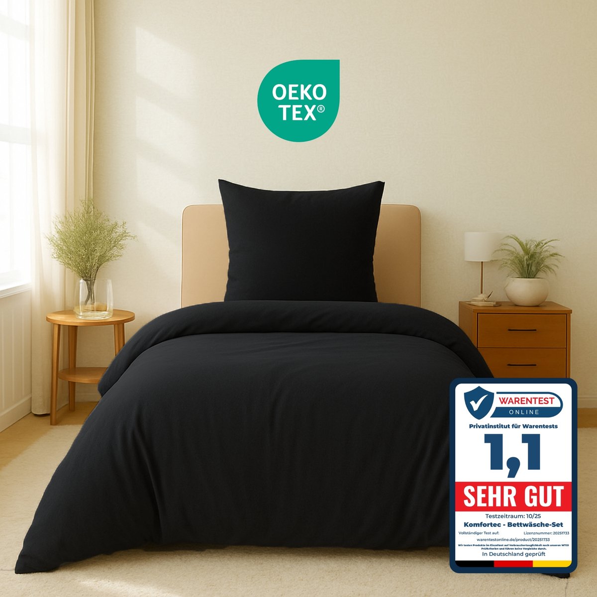 Komfortec Premium Dekbedovertrek 155x220 cm + 1x Kussensloop 80x80 cm - Geborsteld 100% Polyester Microvezel 90 g/m² - 3-Delige Superzachte Beddengoedset - Zwart