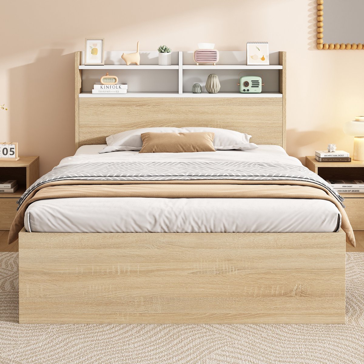 Merax Eenpersoonsbed 90x190 cm - met hoofdeindeplank - twee laden en open vakken - wit en houtkleur - zonder matras