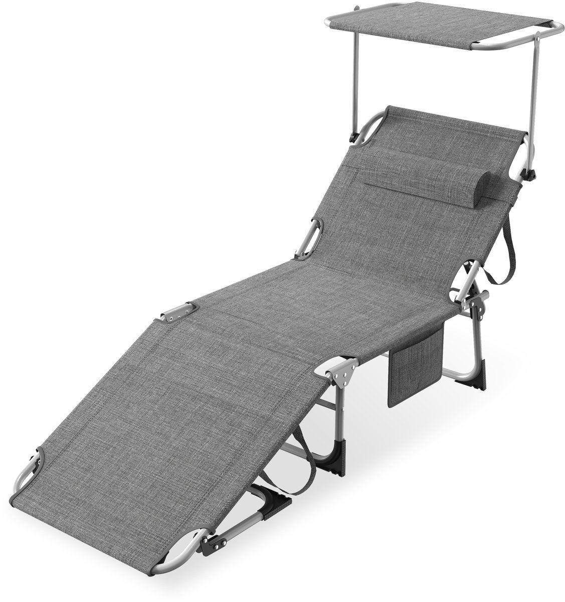 Aufun Zonnebank / strandstoel - 195 x 68 cm - opvouwbare tuinstoel - verstelbare rugleuning - met dak en zijvak - grijs