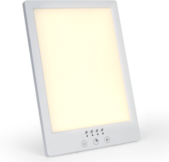 Witte daglichtlamp met verlicht paneel en bedieningsknoppen aan de onderkant.