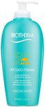 Lichtblauwe Biotherm fles met witte pompdispenser. "Lait Oligo-Thermal" staat erop. Zon-logo.