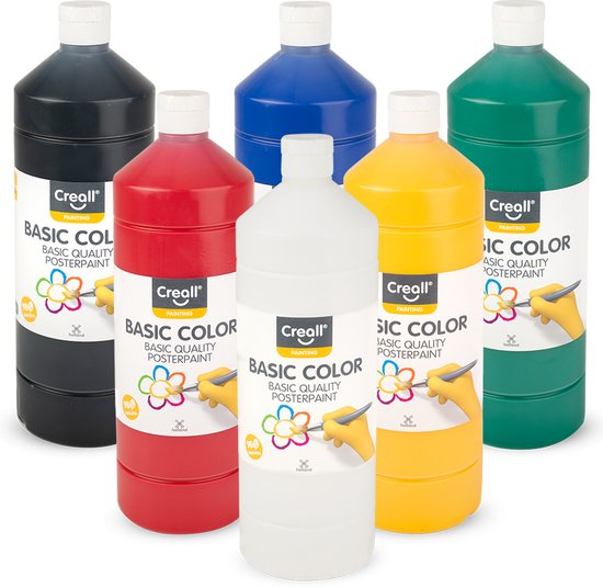 Six bouteilles de peinture poster Creall basic color: noir, rouge, blanc, jaune, bleu et vert, 1000 ml chacune.