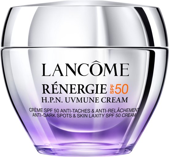 Pot Lancôme Rénergie H.P.N. UVMUNE SPF50 crème met zilveren dop en paars verloop in het glas.