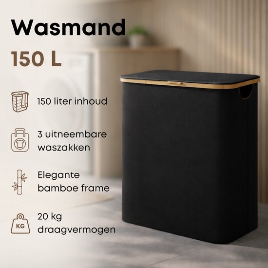 ACAZA Panier à Linge - Trieur de Linge - 3 Compartiments - Bamboe - Zwart