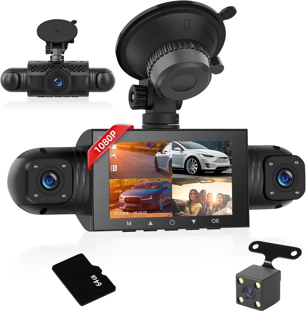 Dashcam met 4 Kanalen 1080P en 720P, 3 Inch IPS Scherm, Nachtzicht en Parkeerbewaking
