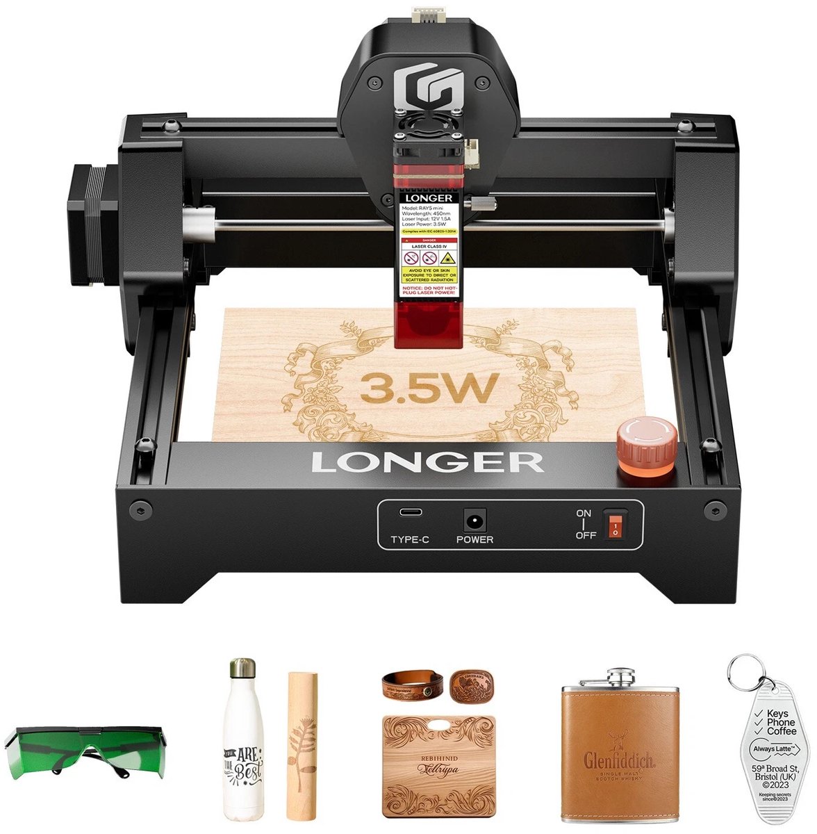 LONGER RAY5 Mini 3.5W Lasergraveermachine – 130x140mm Werkoppervlak – 0,04mm Precisie – Plug & Play – Voor Hout, Acryl, Leer, Metaal & DIY Projecten