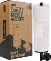 Zwarte, aan de muur gemonteerde wc-rolhouder 'Minismus' voor 3 rollen, naast de verpakking.