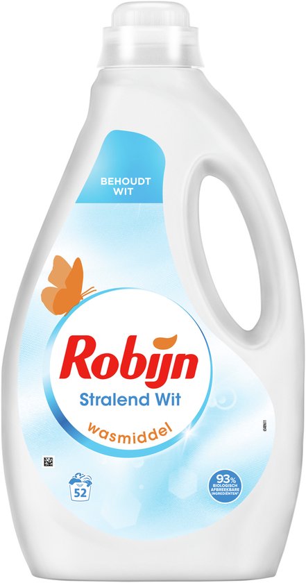 Witte fles Robijn vloeibaar wasmiddel 'Stralend Wit' met een vlinder en waterprint. Met 'Behoudt Wit' tekst en 52 wasbeurten symbool.