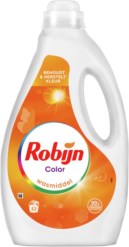 Fles Robijn Color wasmiddel, oranje label met vlinder en zon. Behoudt & herstelt kleur. 93% gerecyclede plastic fles. 52 wasbeurten.