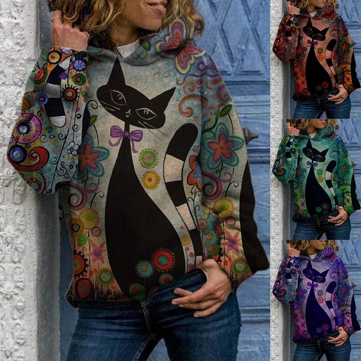 Dames Trui met Lange Mouwen en Cartoon Kattenprint - Comfortabele Losse Pullover met Capuchon