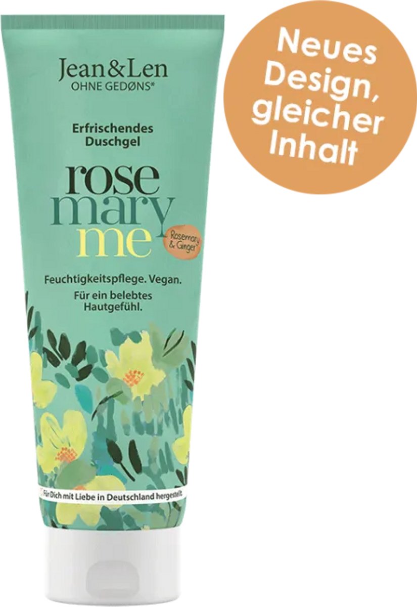 Jean & Len Douchegel Rosemary & Ginger – 250 ml: verkwikkende. vegan douchegel met rozemarijn & gember. Mild reinigend. hydrateert & plasticvrije verpakking.