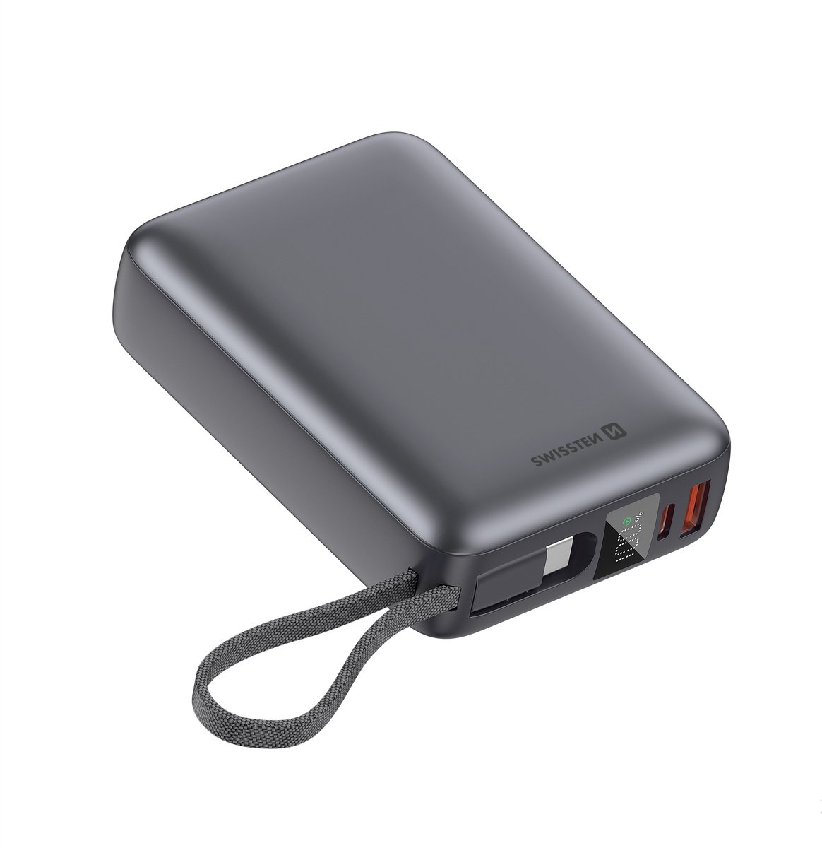 Swissten 45W Powerbank – 20.000 mAh – Ingebouwde USB-C Kabel – Zilver