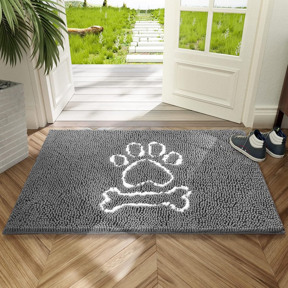 Chenille binnendeurmat 16x24 cm grijs - super absorberend & anti-slip