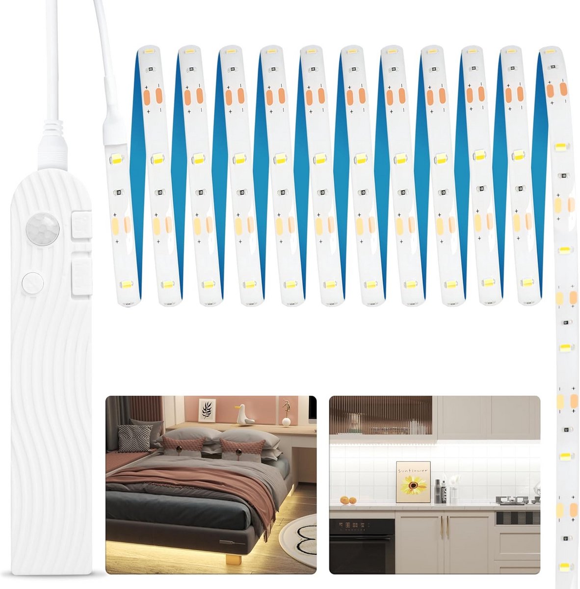 LED Lampenstrip 2 meter met Bewegingssensor USB-C Oplaadbaar 2200 mAh 3 Lichtstanden voor Keuken Kasten Trappen