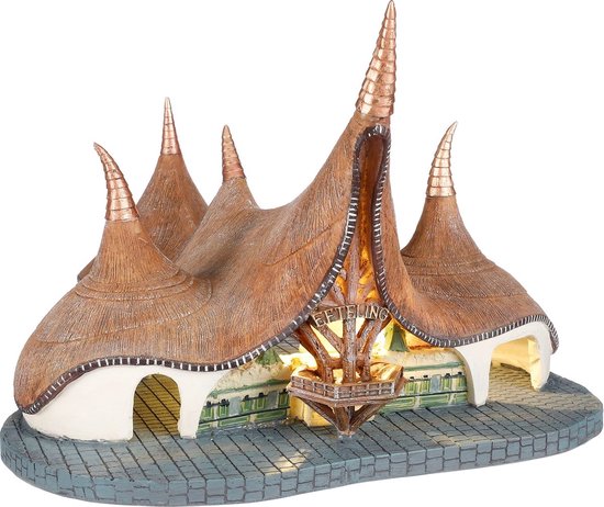 Decoratief huisje "De Vijf Zintuigen" met rieten daken en koperen puntjes. "EFTELING" staat boven de ingang.