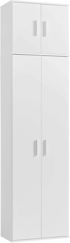 Hoge witte kast met vier deuren en twee deuren bovenin. Strakke, moderne uitstraling.
