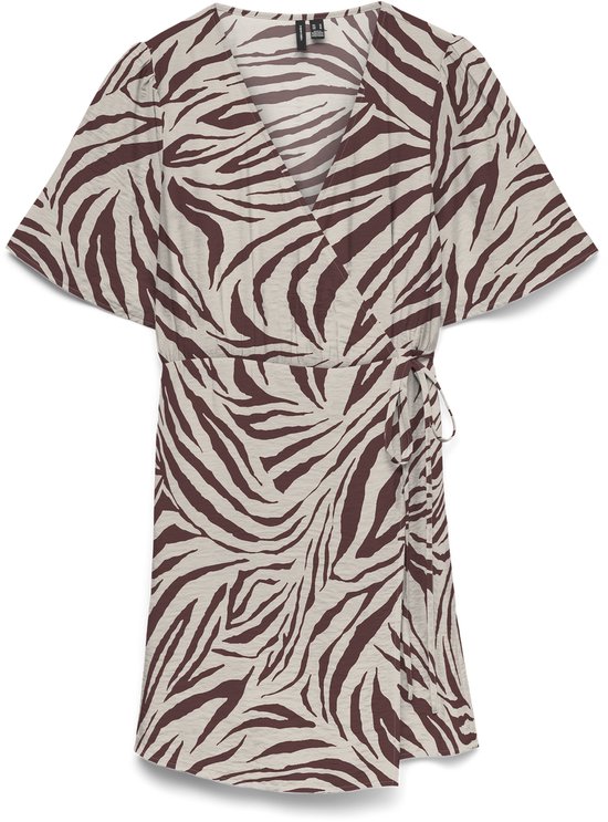 Robe portefeuille courte blanche à imprimé zèbre marron avec manches courtes bouffantes et ceinture.
