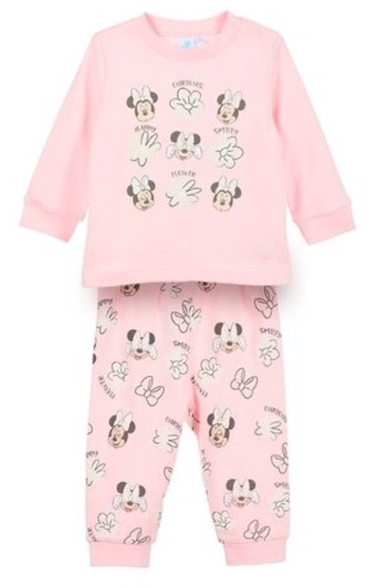 Ensemble de pyjama rose clair à manches longues. Le haut présente un imprimé de Minnie Mouse, de nœuds, de fleurs et les textes 'happy', 'smile', 'curious' et 'flower'. Le pantalon a un imprimé intégral de Minnie Mouse, de nœuds et de fleurs.