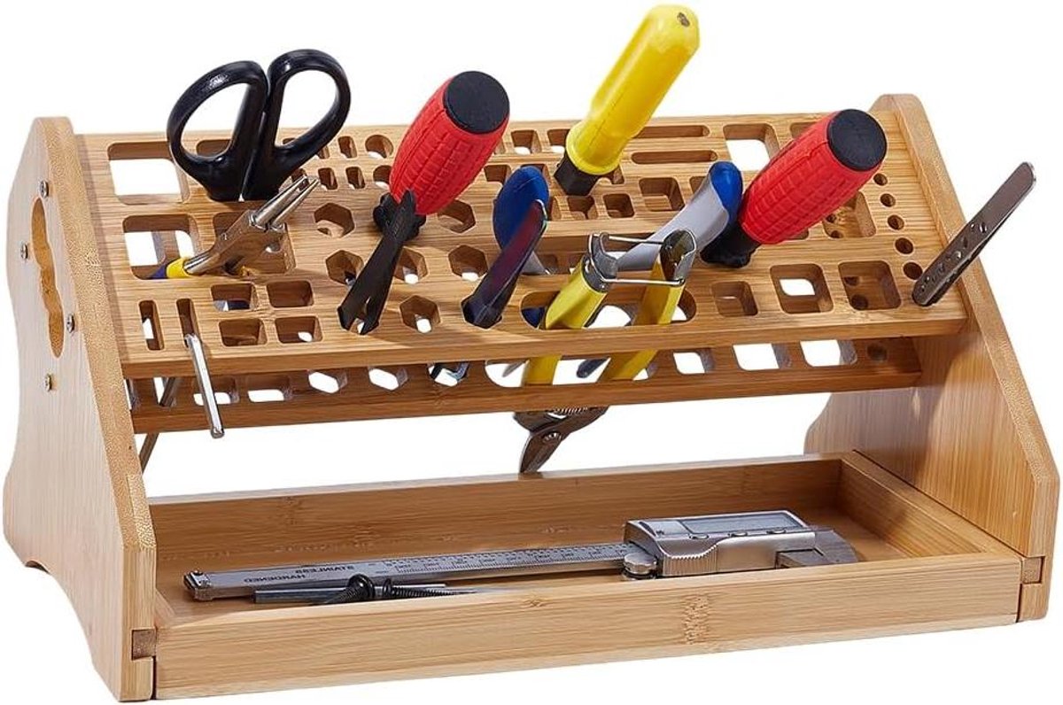MK Stoer -Desktop Schroevendraaier Houder - Gereedschap Organizer - Opbergruimtes - Houten Gereedschapskist - Reparatie Thuis - Geschikt voor Bureau - Formaat 32,6 x 17 x 16 cm - Allecta