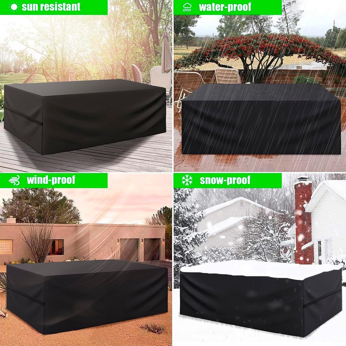 Famanu Beschermhoes voor tuinmeubelen - 600D Oxford-stof - beschermhoes voor tuintafel - bescherming voor alle weersomstandigheden - voor tafel- en banksets met touw en gesp (200 x 200 x 90 cm) Black