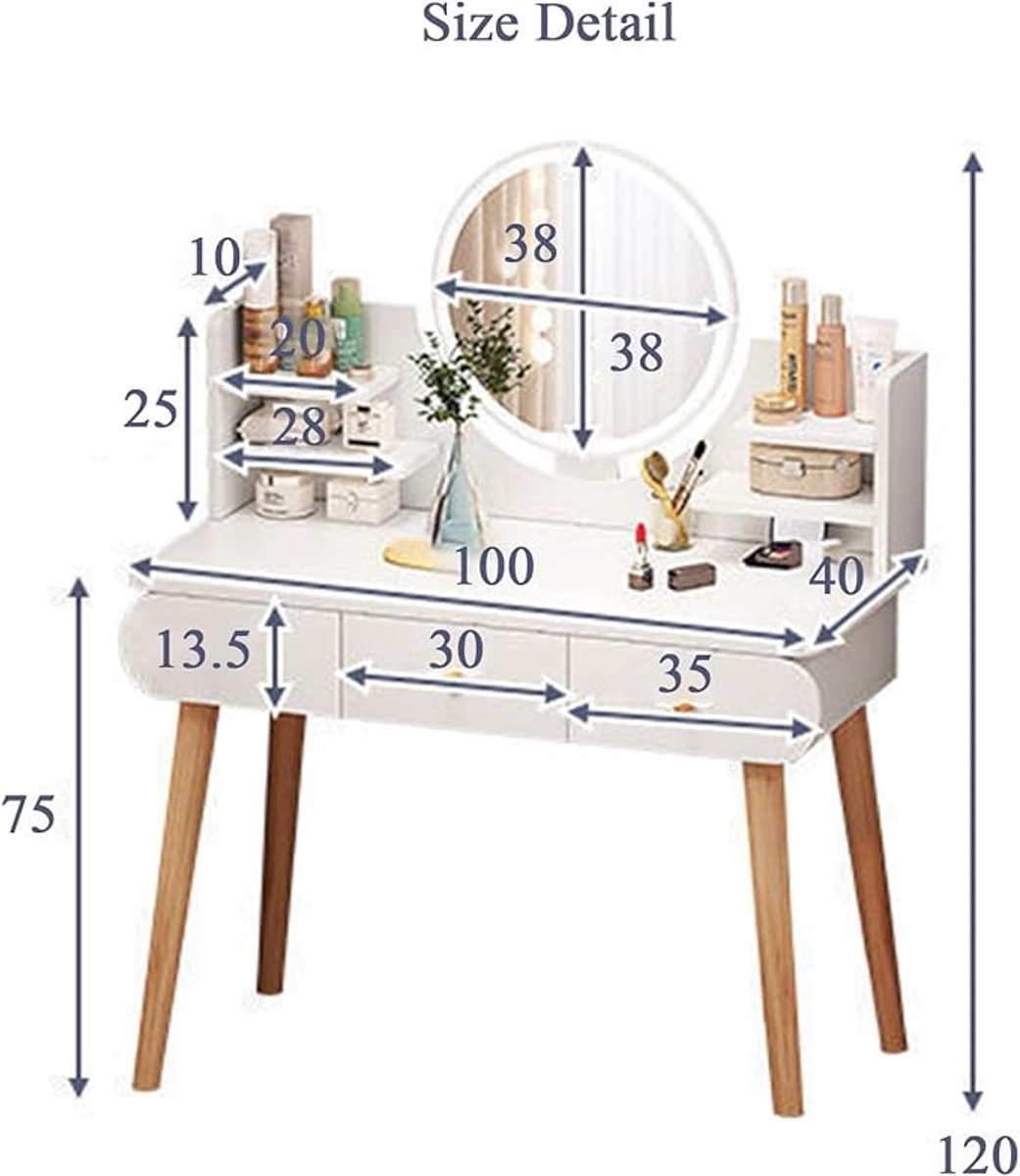 Schminktisch LED Vanity mit 3-Farb Beleuchtung & Großer Schubladenkommode – Make-Up Tisch mit Hocker, Viel Stauraum, Elegantes Design – Premium Kosmetiktisch für Frauen – Weiß (Maße) – Pauwhome